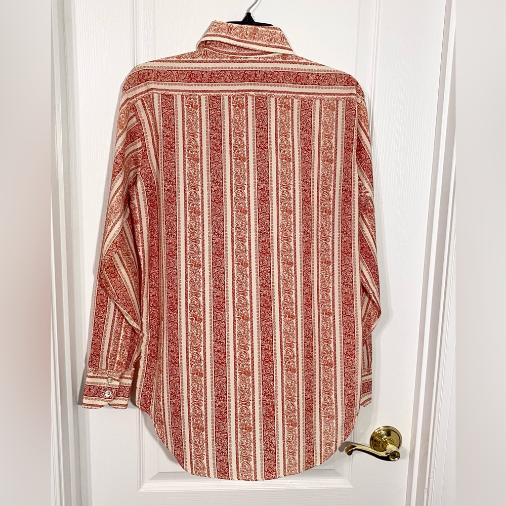 70s River Boat By Moss Patterned Polyester Button Up Shirt Vintage Red Cream M - Picture 2 of 6